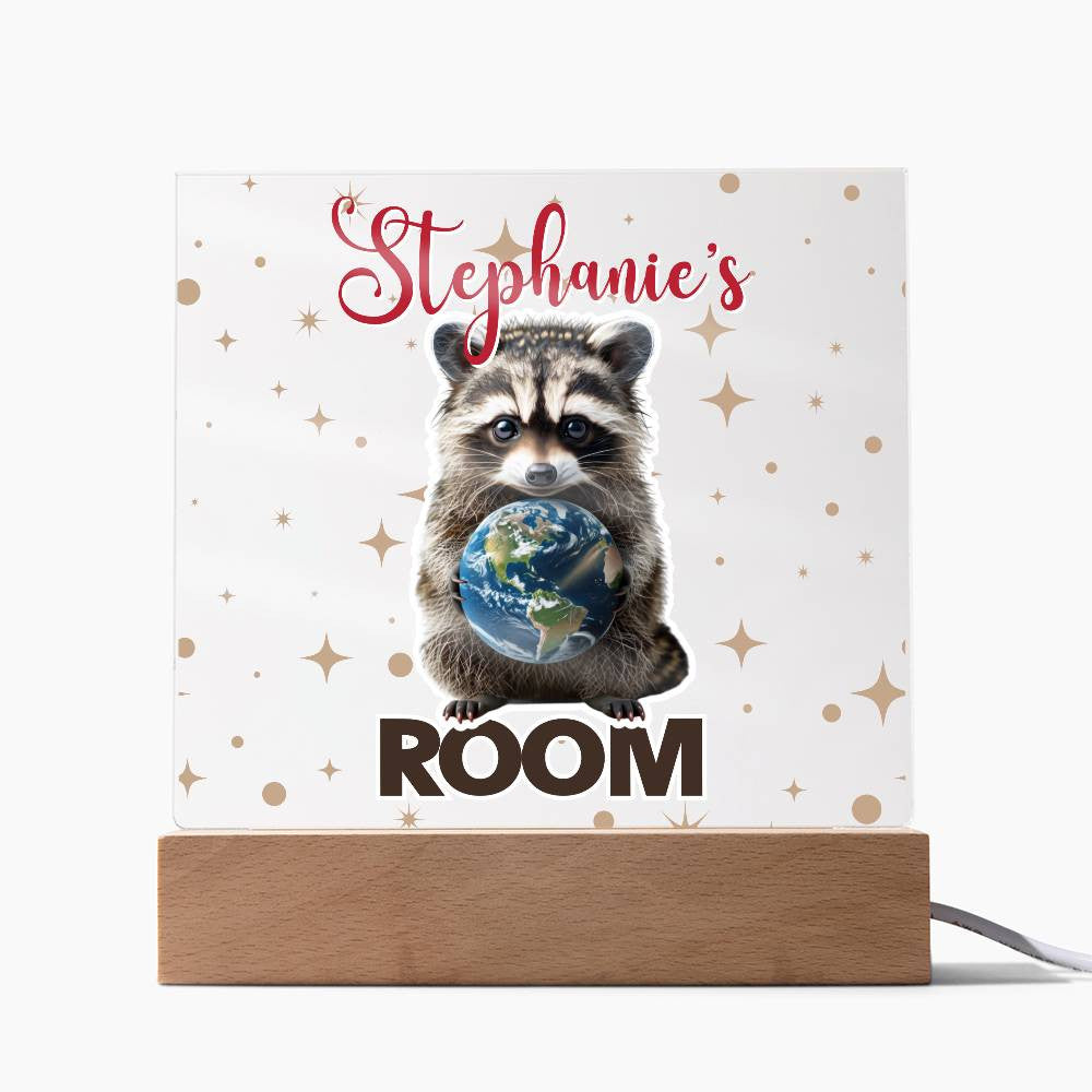 Custom Name Acrylic Room Sign with Light-Up Base. Raccoon, Fox, Teddy bear, Capybara or Opossum. Dorm or kid's room!