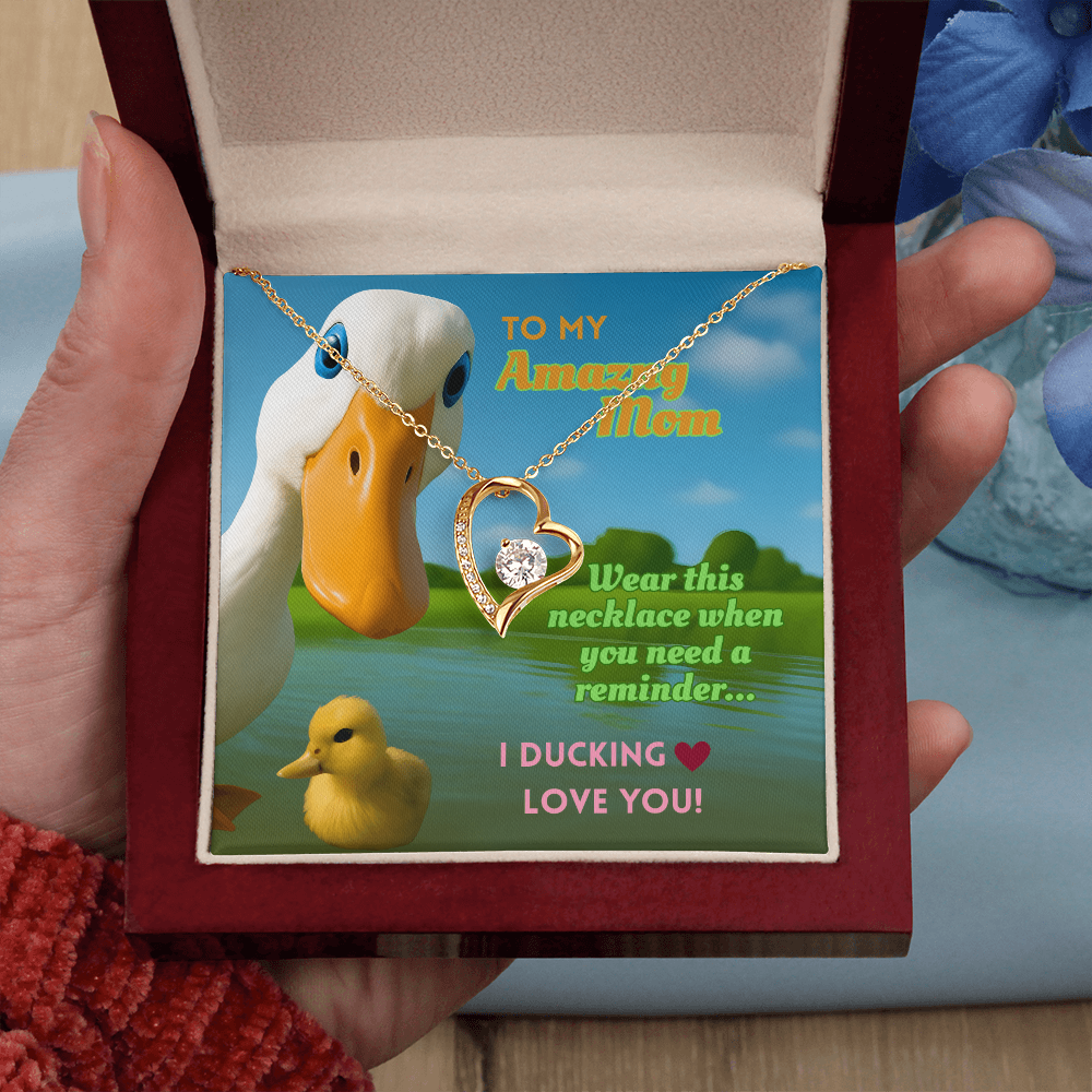Funny Duck Necklace for Mom – Forever Love Heart Pendant Gift with 'I DUCKING LOVE YOU' Message Card