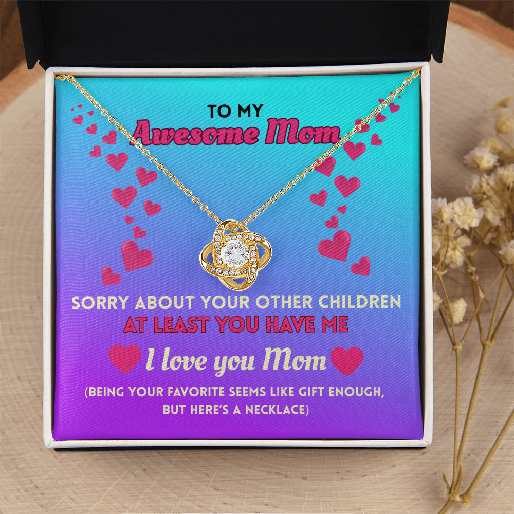 Funny Mom Necklace Gift – Love Knot Pendant with “Favorite Child” Message Card