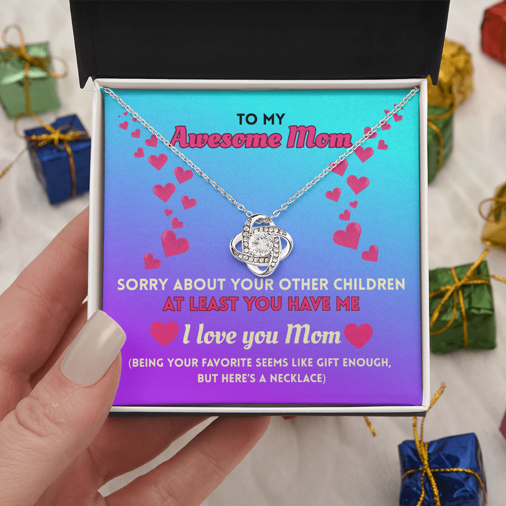 Funny Mom Necklace Gift – Love Knot Pendant with “Favorite Child” Message Card