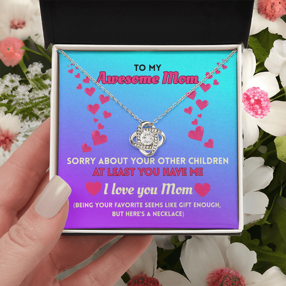 Funny Mom Necklace Gift – Love Knot Pendant with “Favorite Child” Message Card