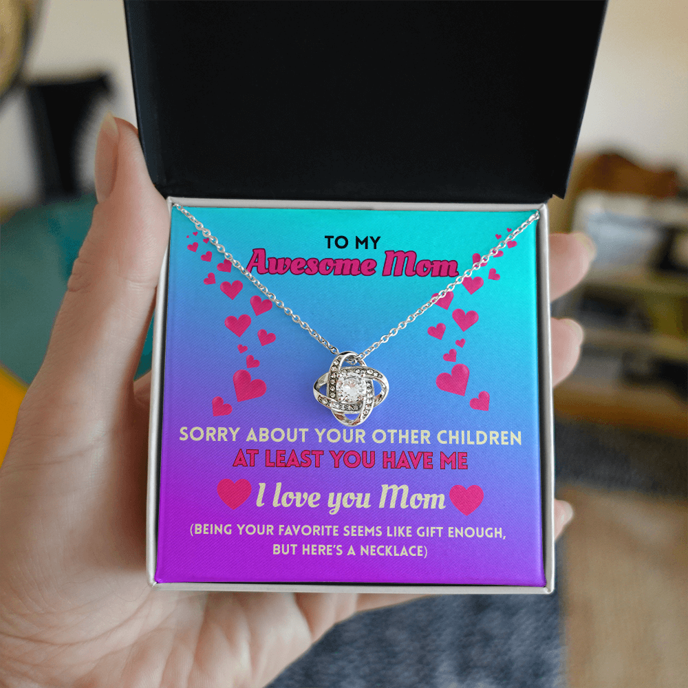 Funny Mom Necklace Gift – Love Knot Pendant with “Favorite Child” Message Card