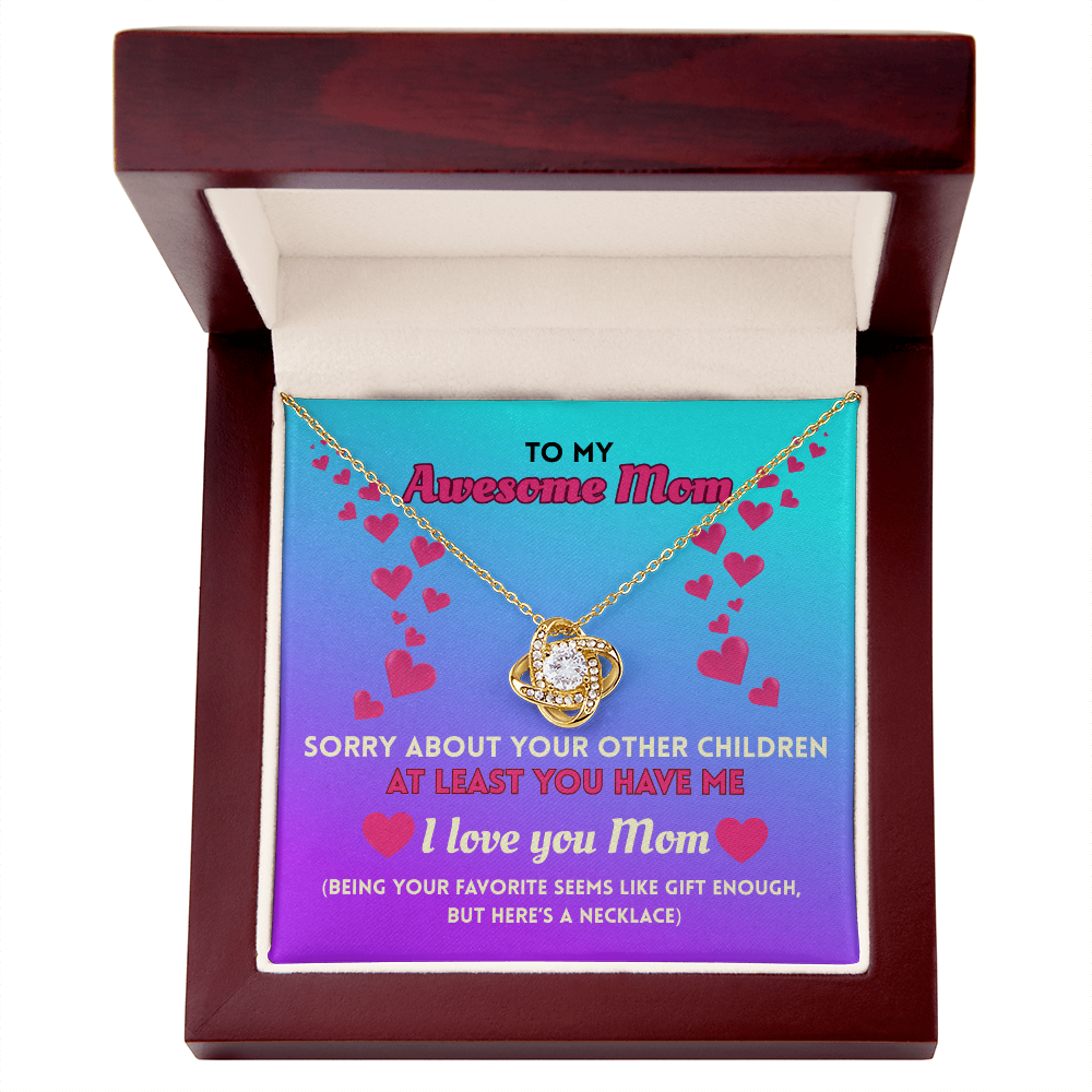 Funny Mom Necklace Gift – Love Knot Pendant with “Favorite Child” Message Card