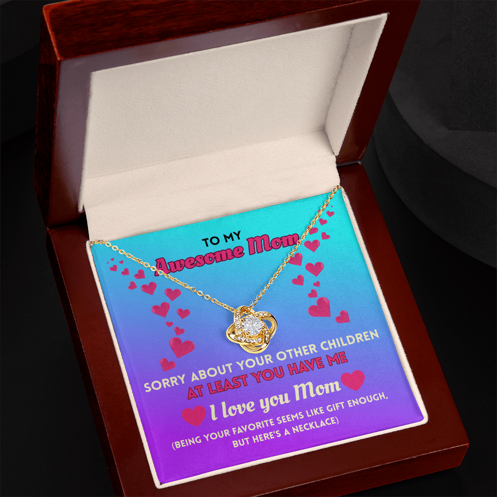 Funny Mom Necklace Gift – Love Knot Pendant with “Favorite Child” Message Card