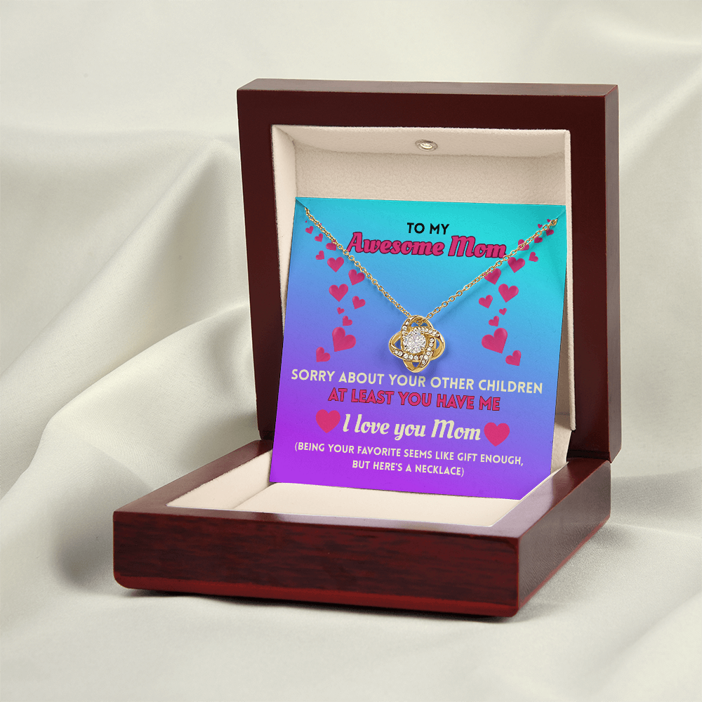 Funny Mom Necklace Gift – Love Knot Pendant with “Favorite Child” Message Card