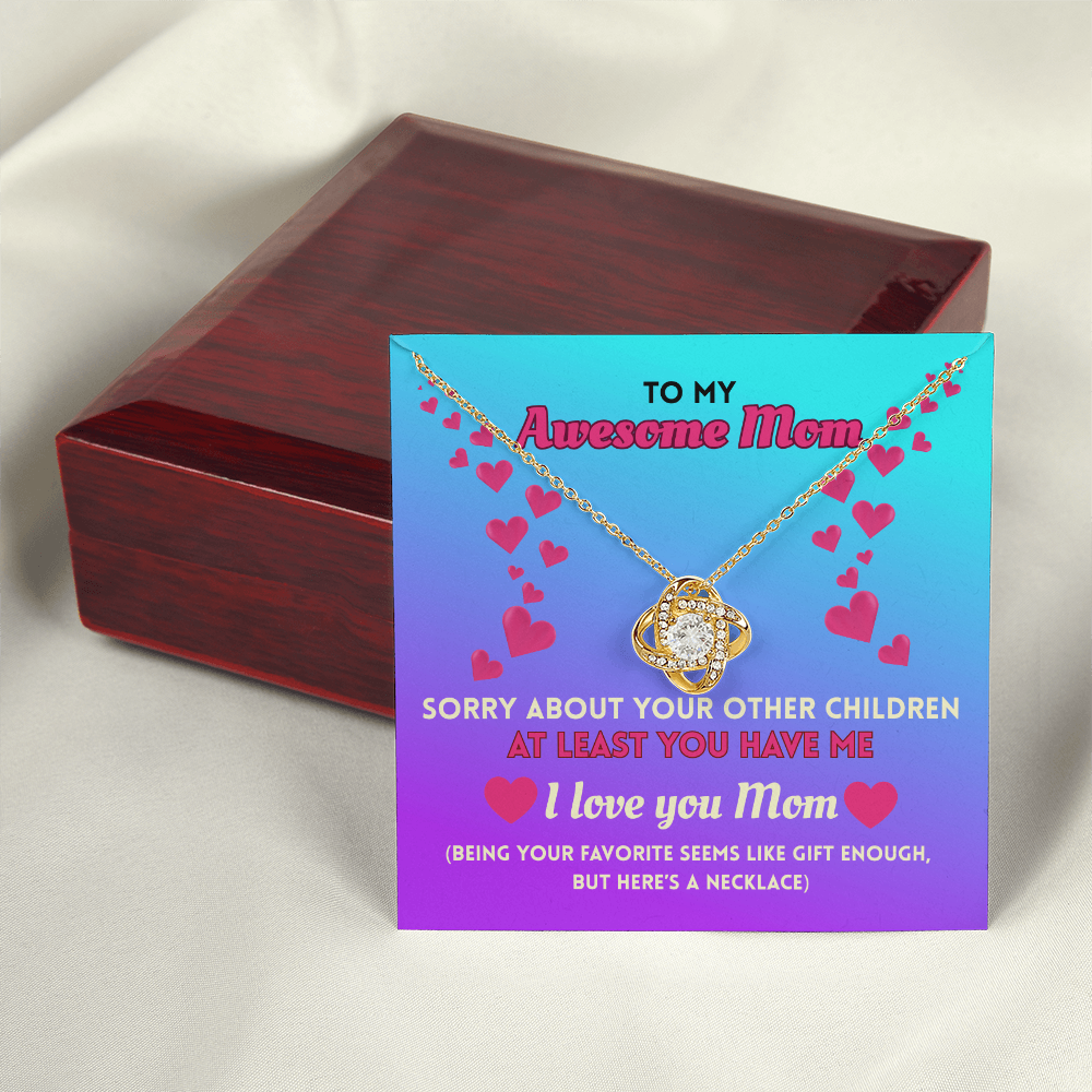 Funny Mom Necklace Gift – Love Knot Pendant with “Favorite Child” Message Card