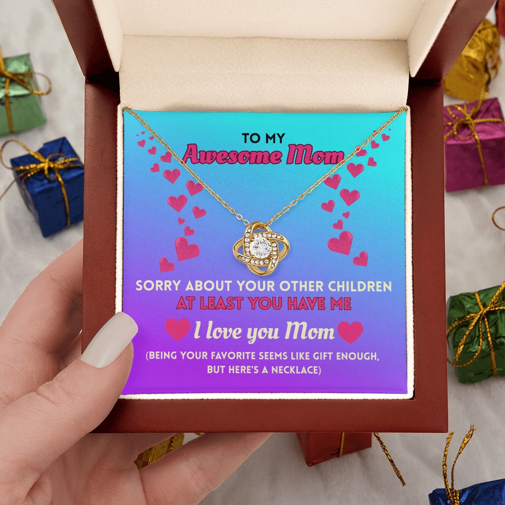 Funny Mom Necklace Gift – Love Knot Pendant with “Favorite Child” Message Card