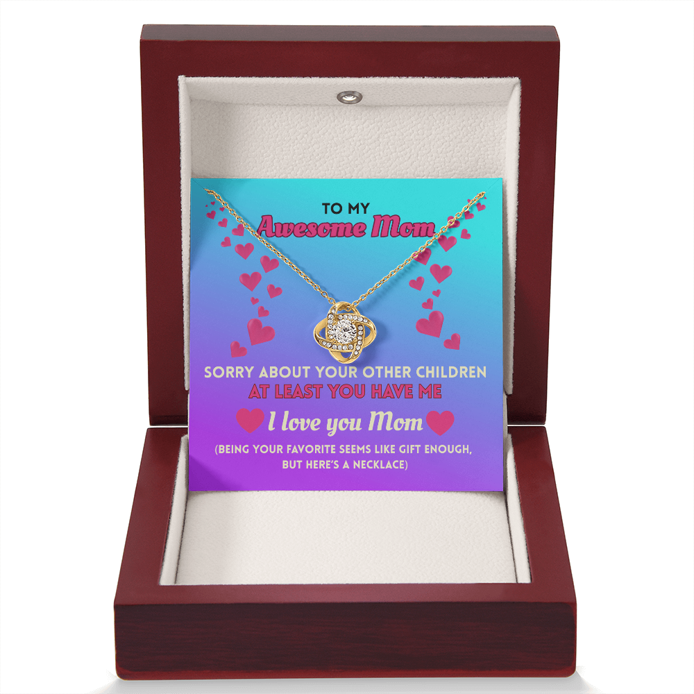 Funny Mom Necklace Gift – Love Knot Pendant with “Favorite Child” Message Card