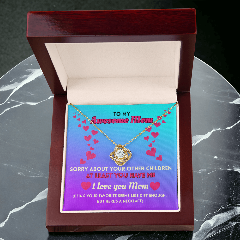Funny Mom Necklace Gift – Love Knot Pendant with “Favorite Child” Message Card