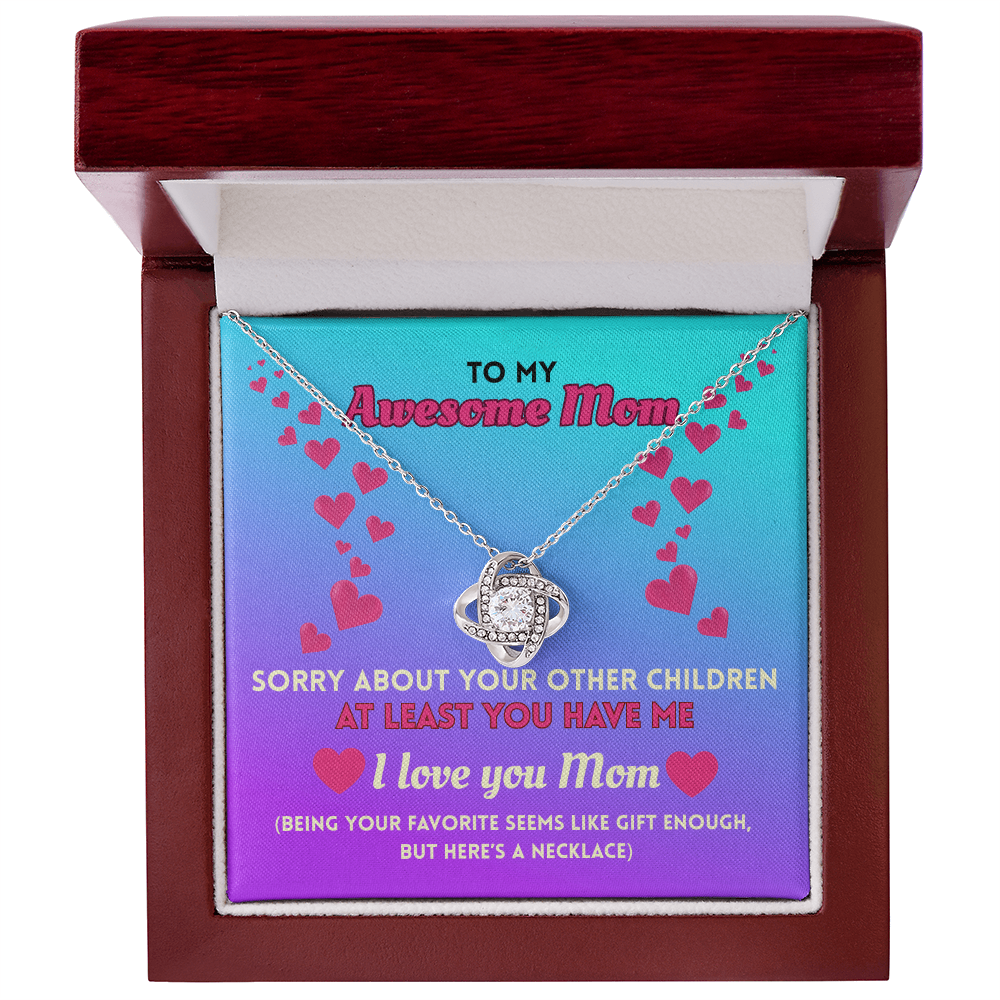 Funny Mom Necklace Gift – Love Knot Pendant with “Favorite Child” Message Card
