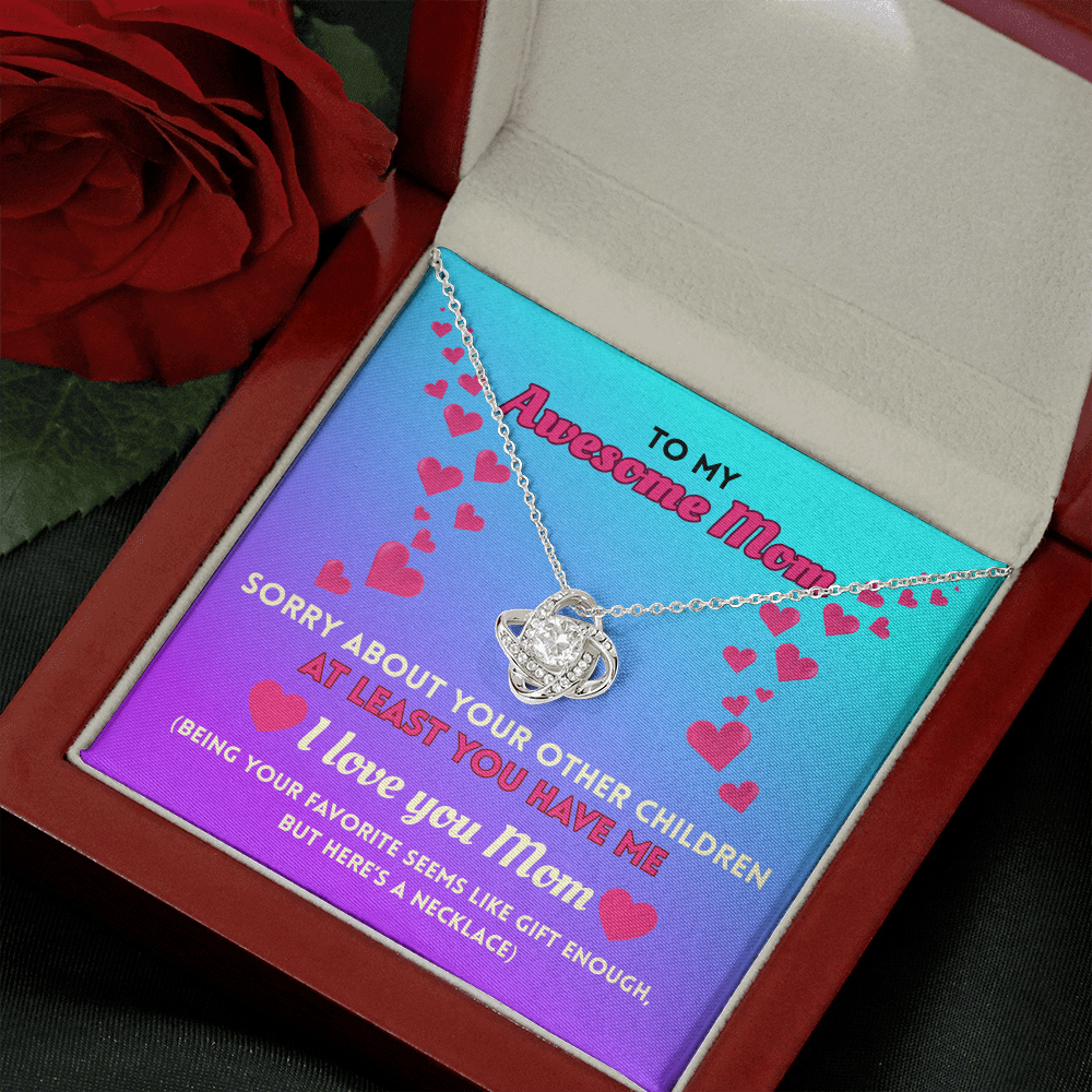 Funny Mom Necklace Gift – Love Knot Pendant with “Favorite Child” Message Card