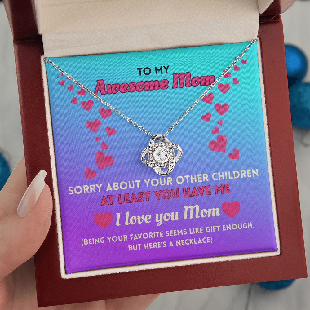 Funny Mom Necklace Gift – Love Knot Pendant with “Favorite Child” Message Card