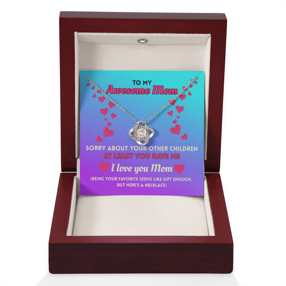 Funny Mom Necklace Gift – Love Knot Pendant with “Favorite Child” Message Card