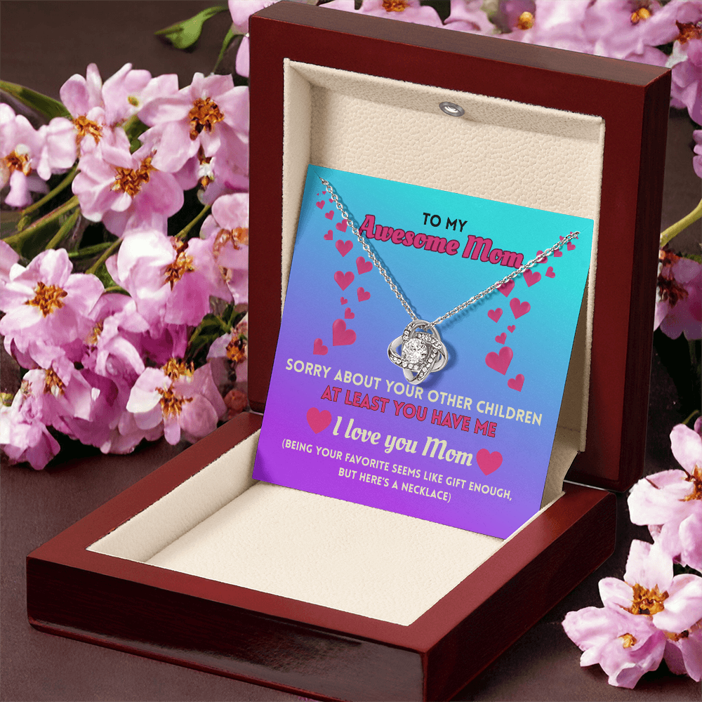 Funny Mom Necklace Gift – Love Knot Pendant with “Favorite Child” Message Card
