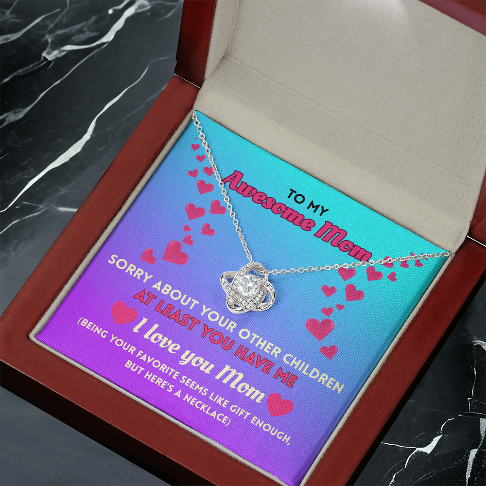 Funny Mom Necklace Gift – Love Knot Pendant with “Favorite Child” Message Card