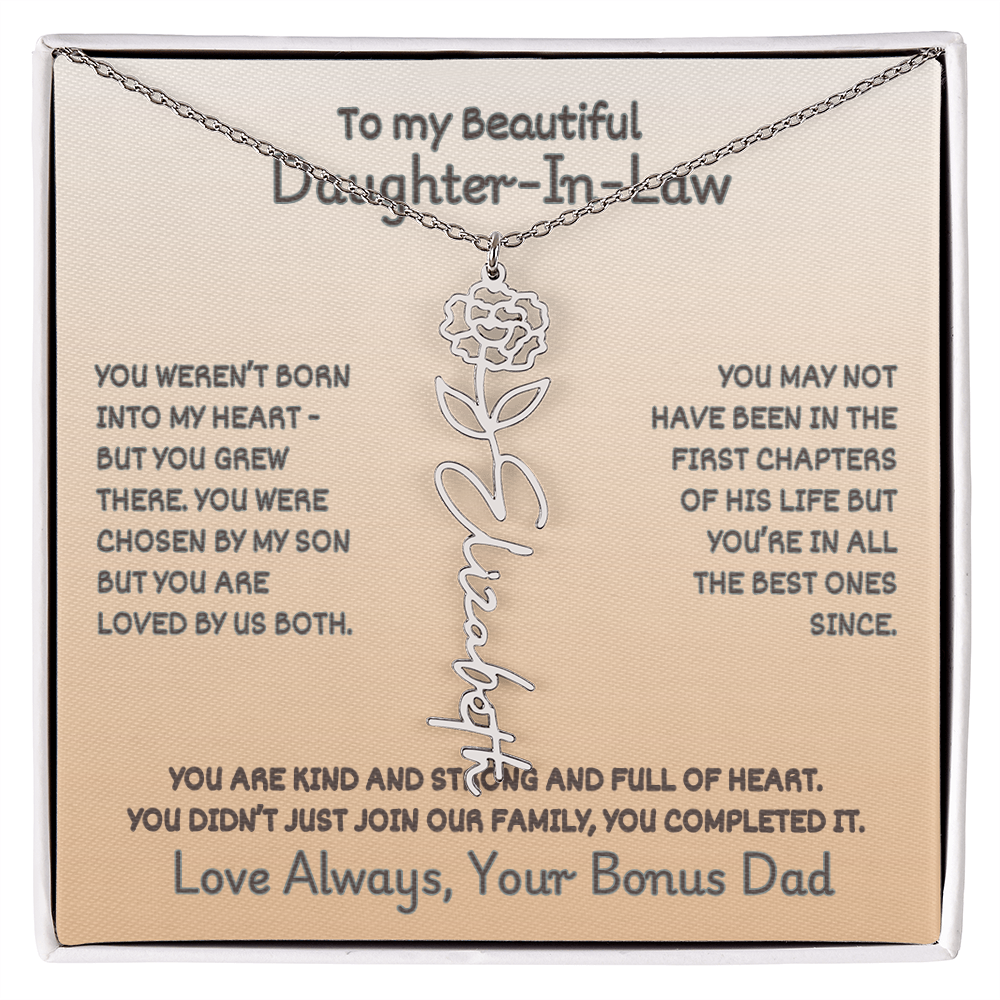 Daughter-In-Law Custom Birth Flower Name Necklace from Bonus Dad