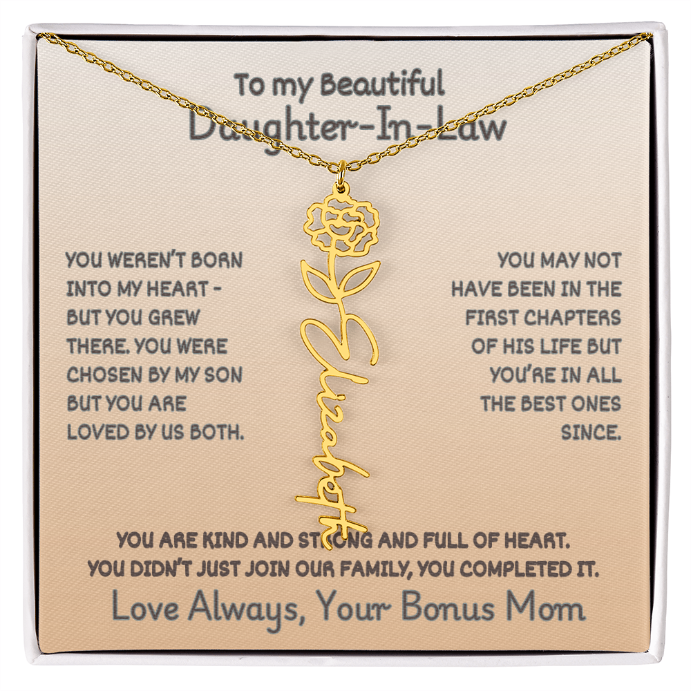 To Your Daughter-In-Law: Birth Flower Name Necklace with a Heartfelt Message