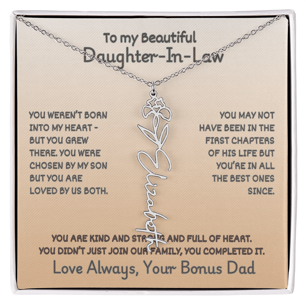 Daughter-In-Law Custom Birth Flower Name Necklace from Bonus Dad