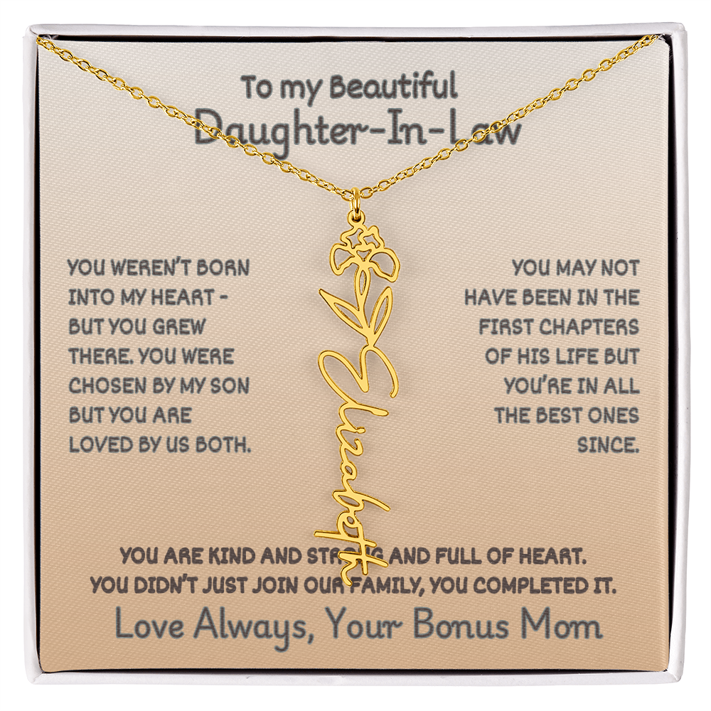 To Your Daughter-In-Law: Birth Flower Name Necklace with a Heartfelt Message