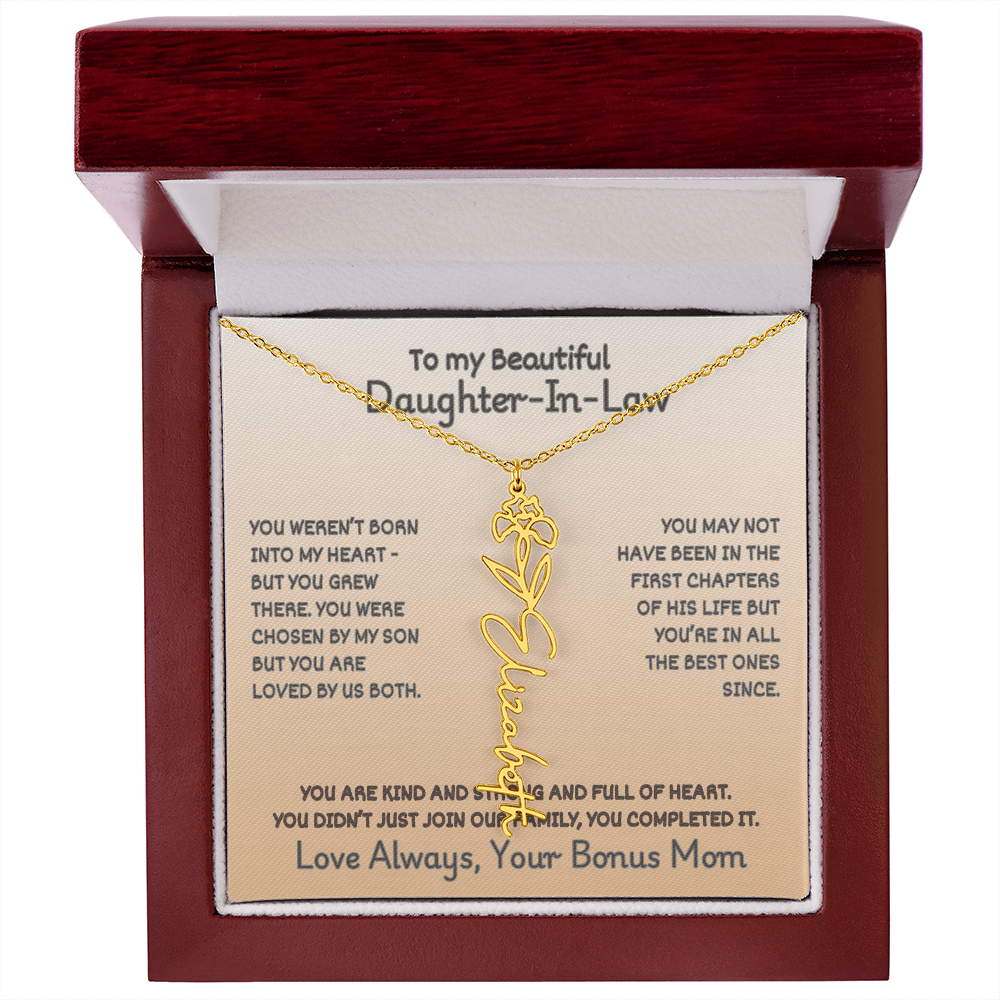 To Your Daughter-In-Law: Birth Flower Name Necklace with a Heartfelt Message
