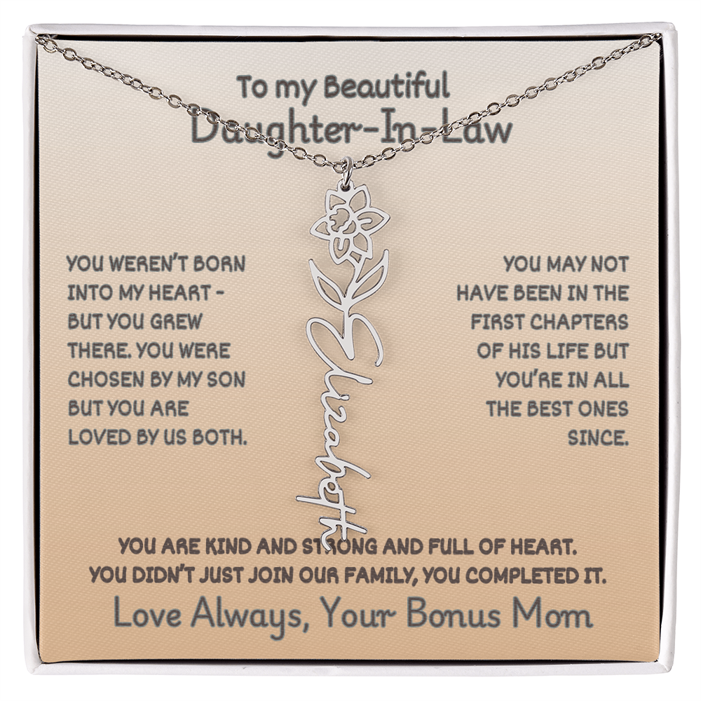 To Your Daughter-In-Law: Birth Flower Name Necklace with a Heartfelt Message