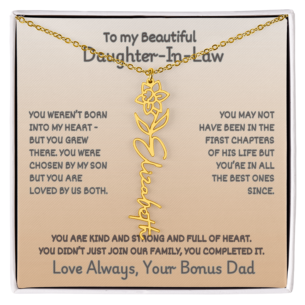 Daughter-In-Law Custom Birth Flower Name Necklace from Bonus Dad