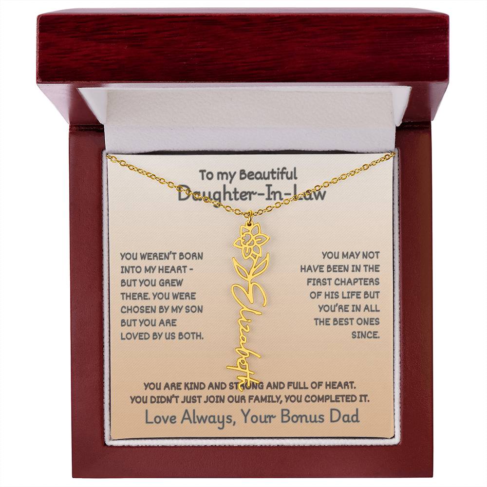 Daughter-In-Law Custom Birth Flower Name Necklace from Bonus Dad