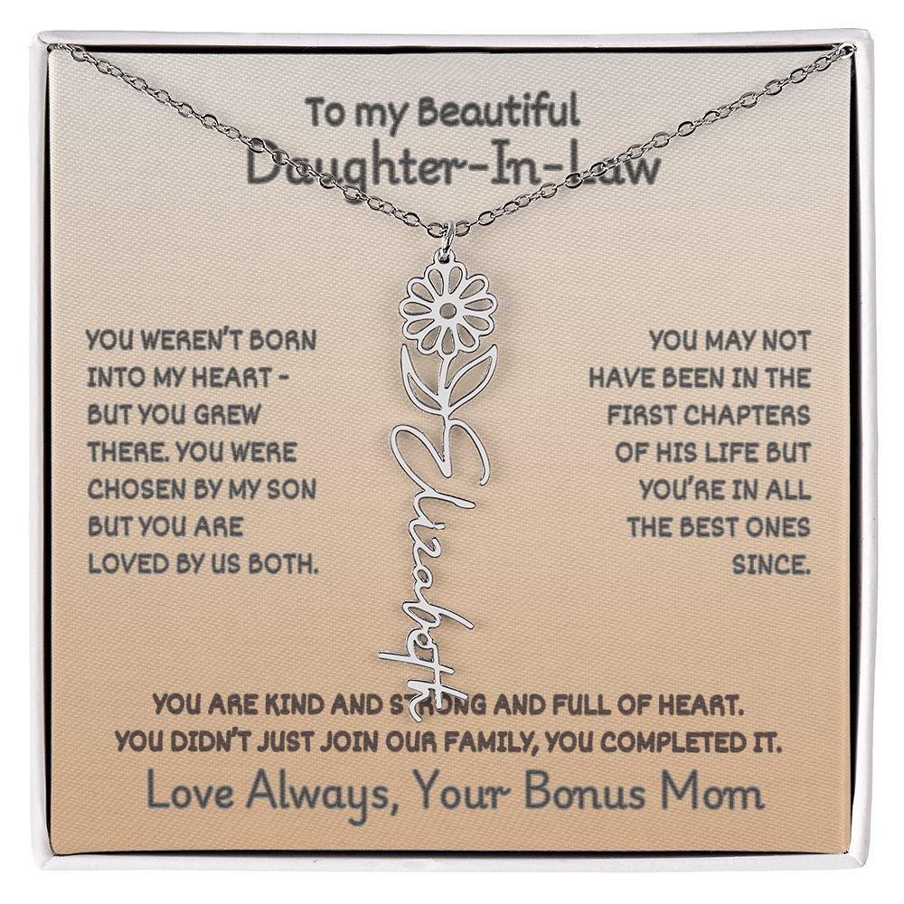 To Your Daughter-In-Law: Birth Flower Name Necklace with a Heartfelt Message