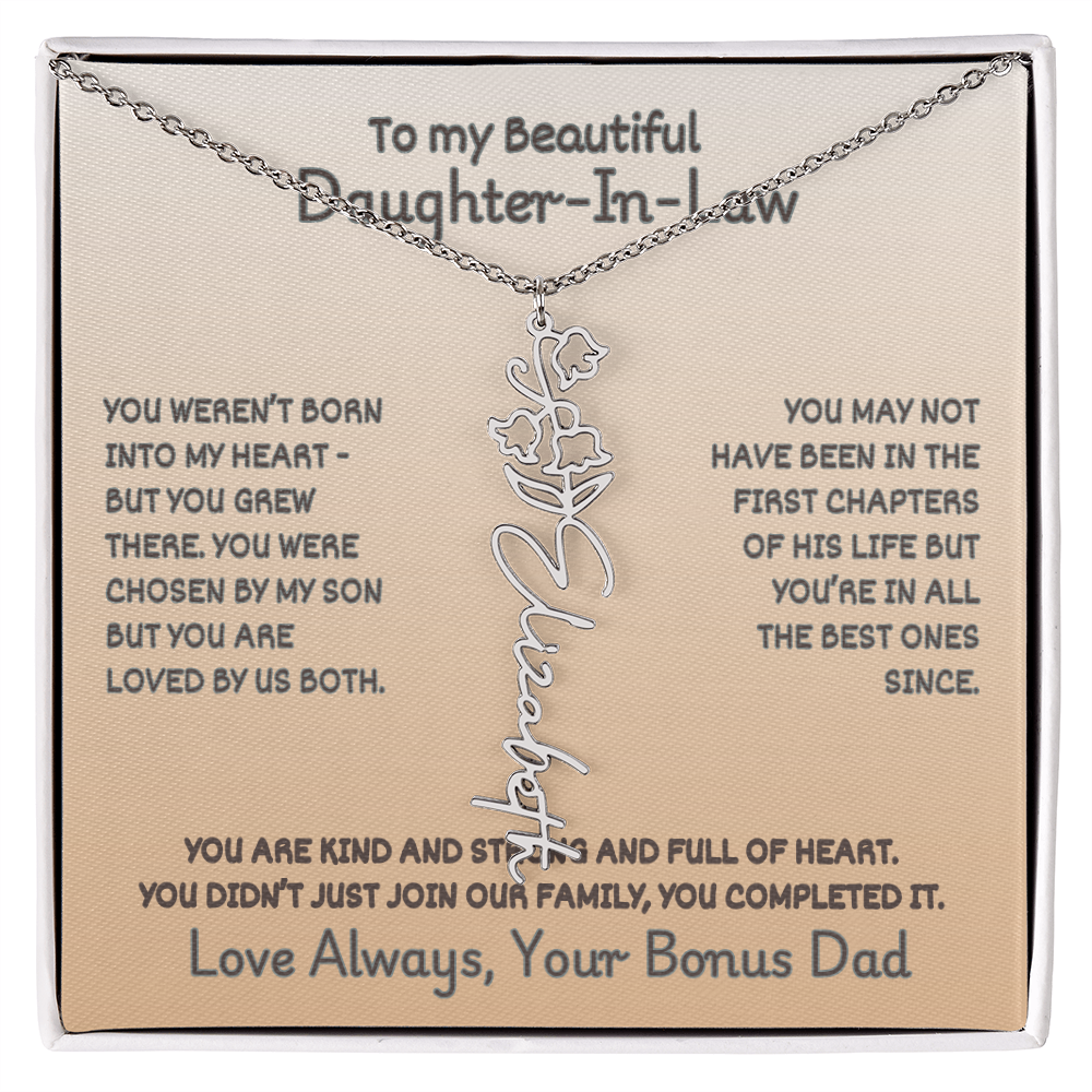 Daughter-In-Law Custom Birth Flower Name Necklace from Bonus Dad