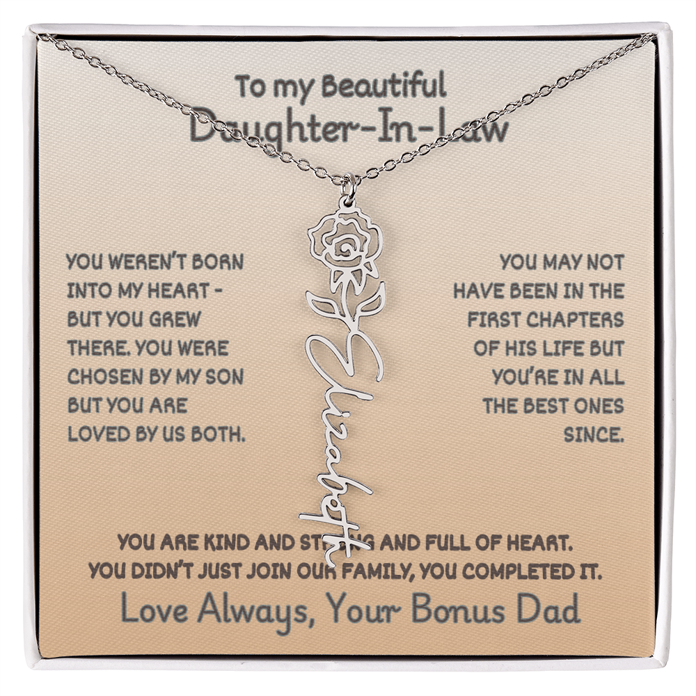 Daughter-In-Law Custom Birth Flower Name Necklace from Bonus Dad