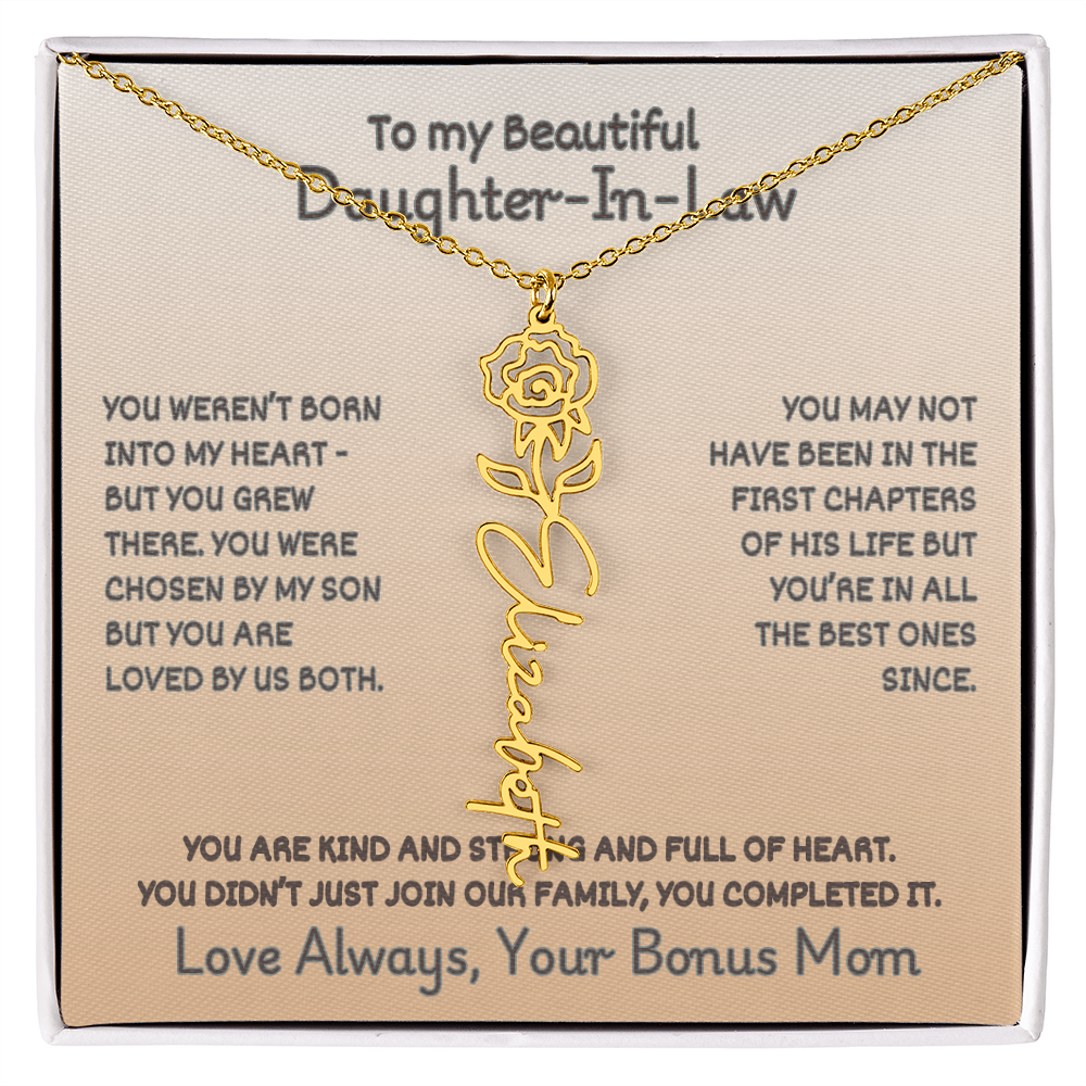 To Your Daughter-In-Law: Birth Flower Name Necklace with a Heartfelt Message