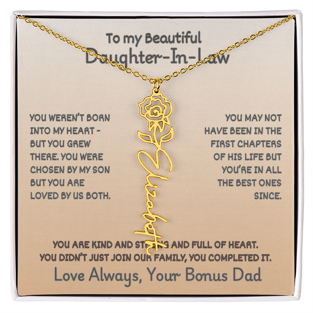 Daughter-In-Law Custom Birth Flower Name Necklace from Bonus Dad
