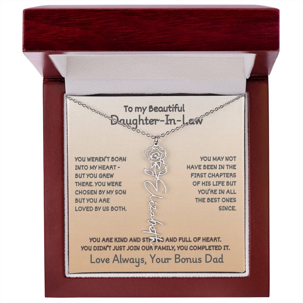 Daughter-In-Law Custom Birth Flower Name Necklace from Bonus Dad