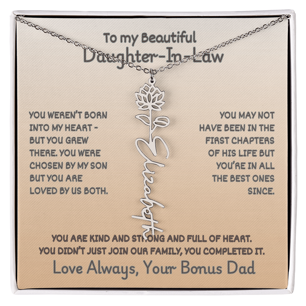 Daughter-In-Law Custom Birth Flower Name Necklace from Bonus Dad