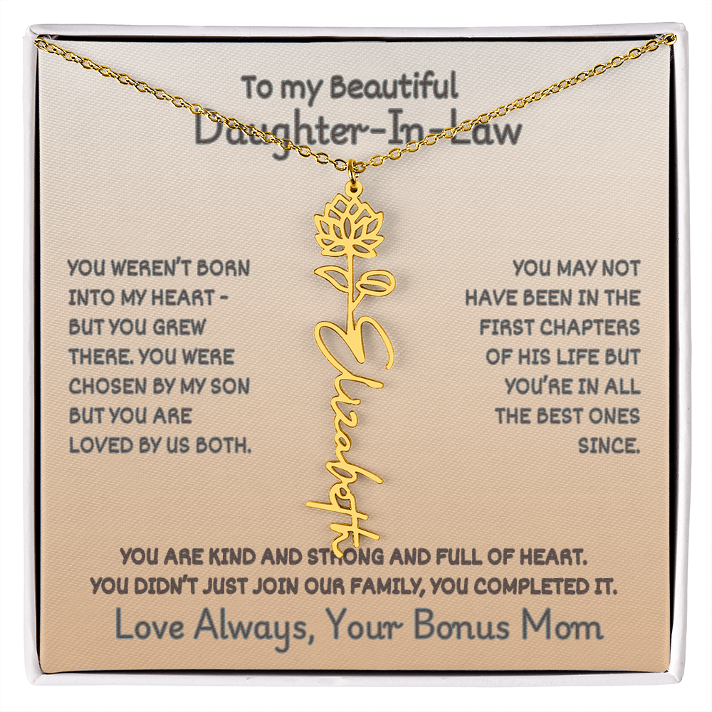 To Your Daughter-In-Law: Birth Flower Name Necklace with a Heartfelt Message