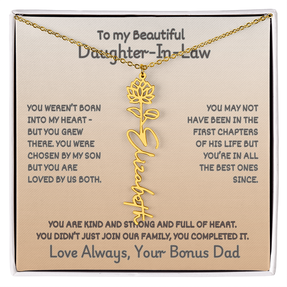 Daughter-In-Law Custom Birth Flower Name Necklace from Bonus Dad