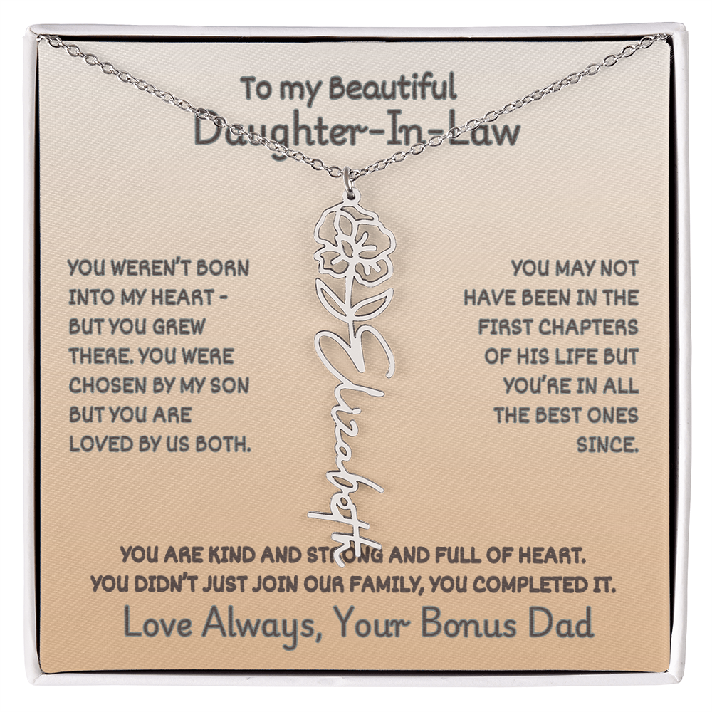 Daughter-In-Law Custom Birth Flower Name Necklace from Bonus Dad