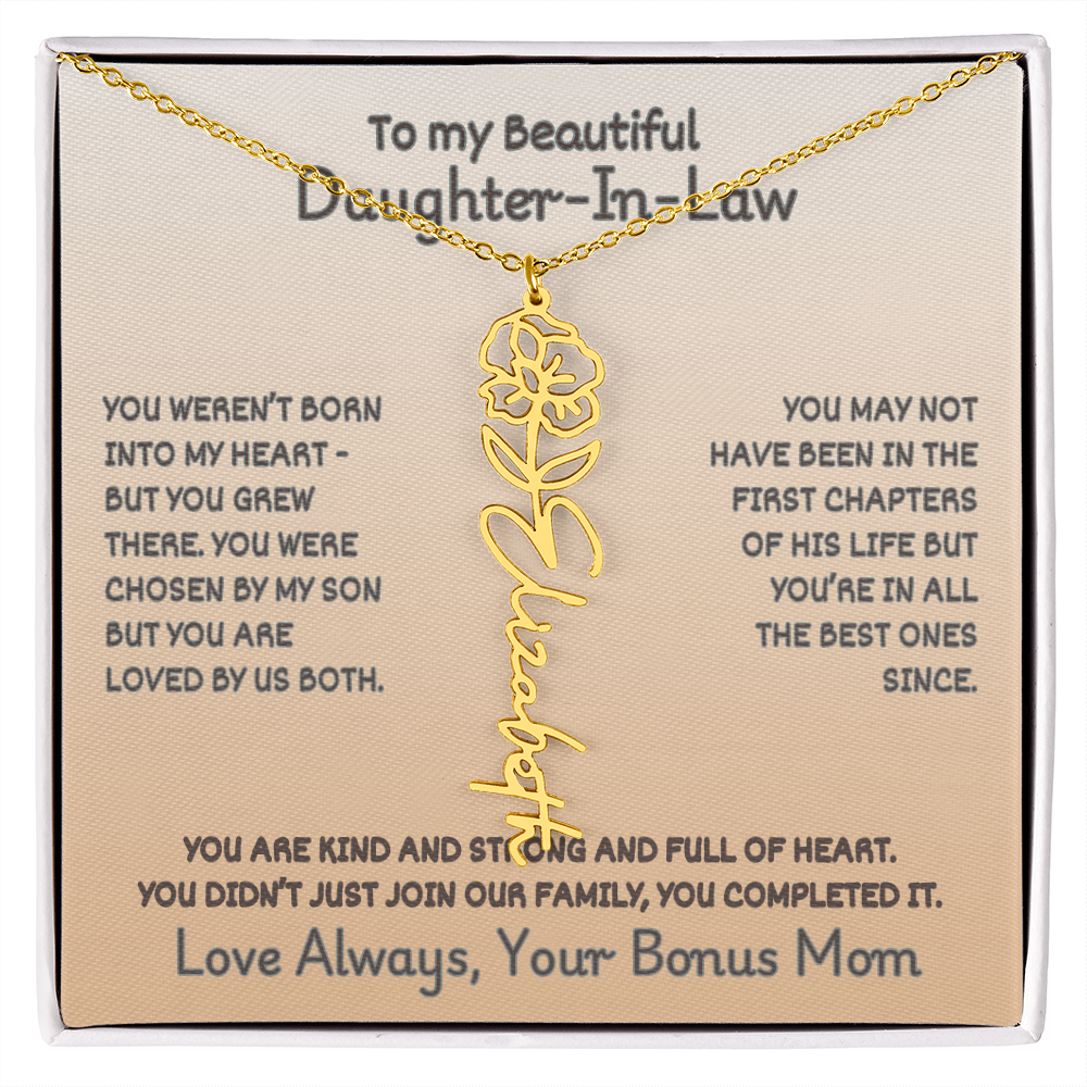 To Your Daughter-In-Law: Birth Flower Name Necklace with a Heartfelt Message