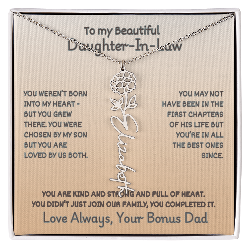 Daughter-In-Law Custom Birth Flower Name Necklace from Bonus Dad