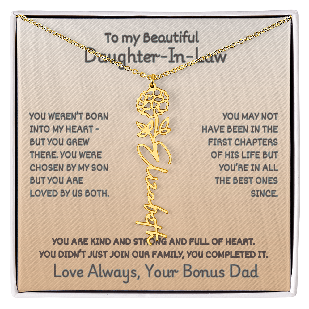 Daughter-In-Law Custom Birth Flower Name Necklace from Bonus Dad