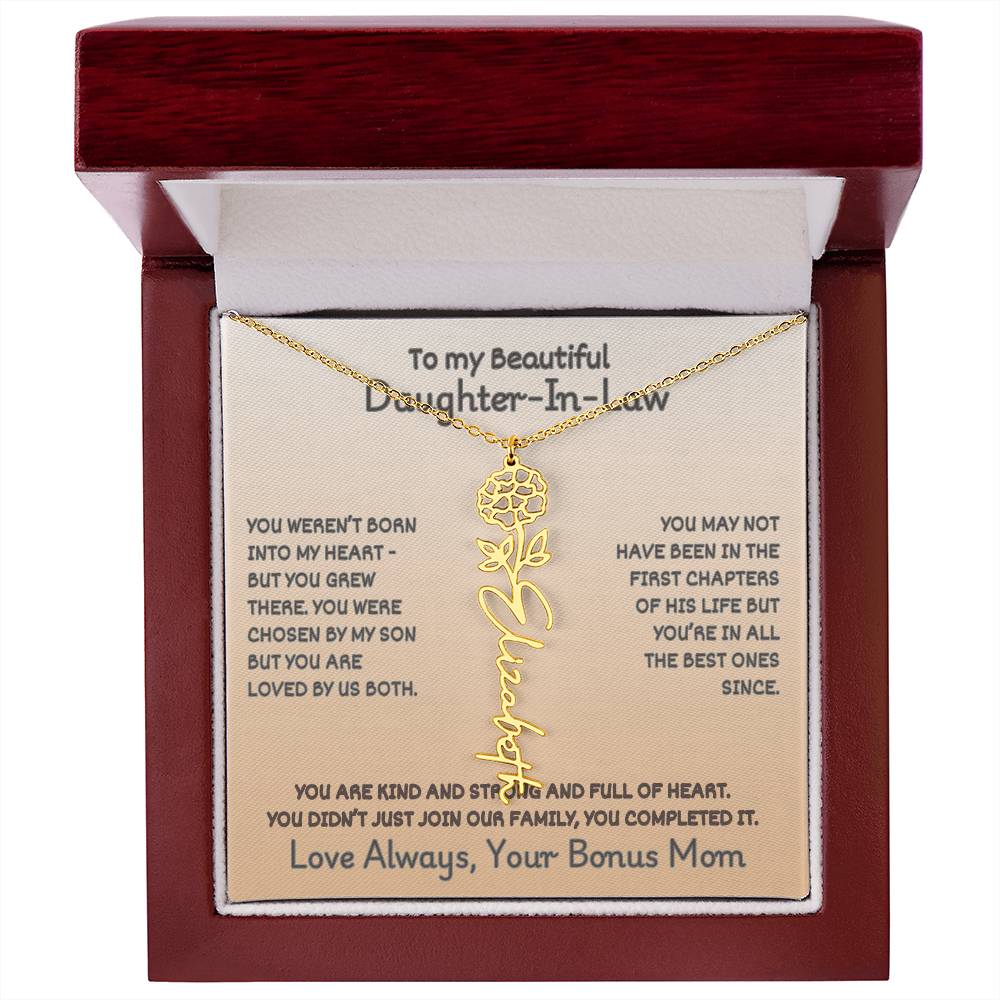 To Your Daughter-In-Law: Birth Flower Name Necklace with a Heartfelt Message