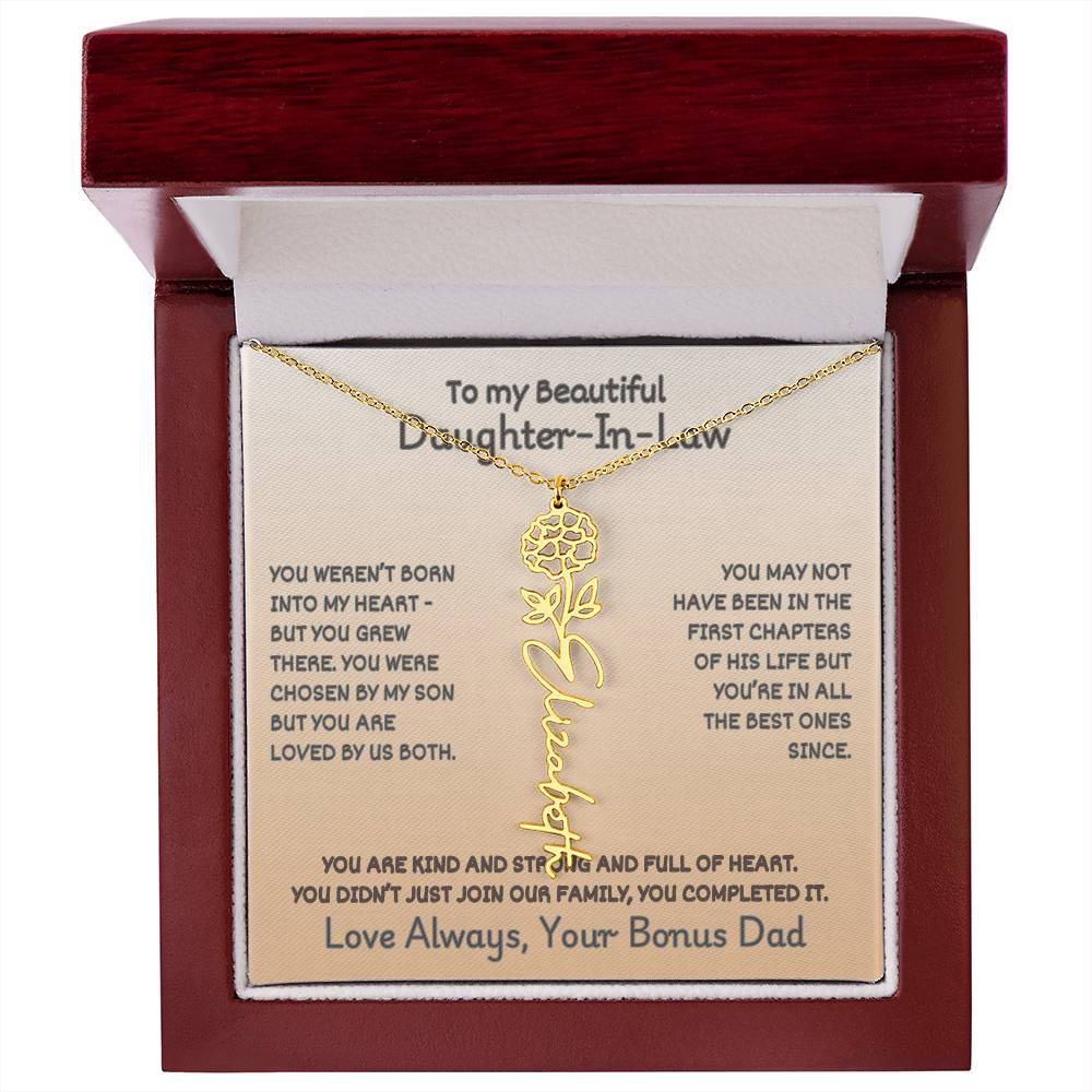 Daughter-In-Law Custom Birth Flower Name Necklace from Bonus Dad