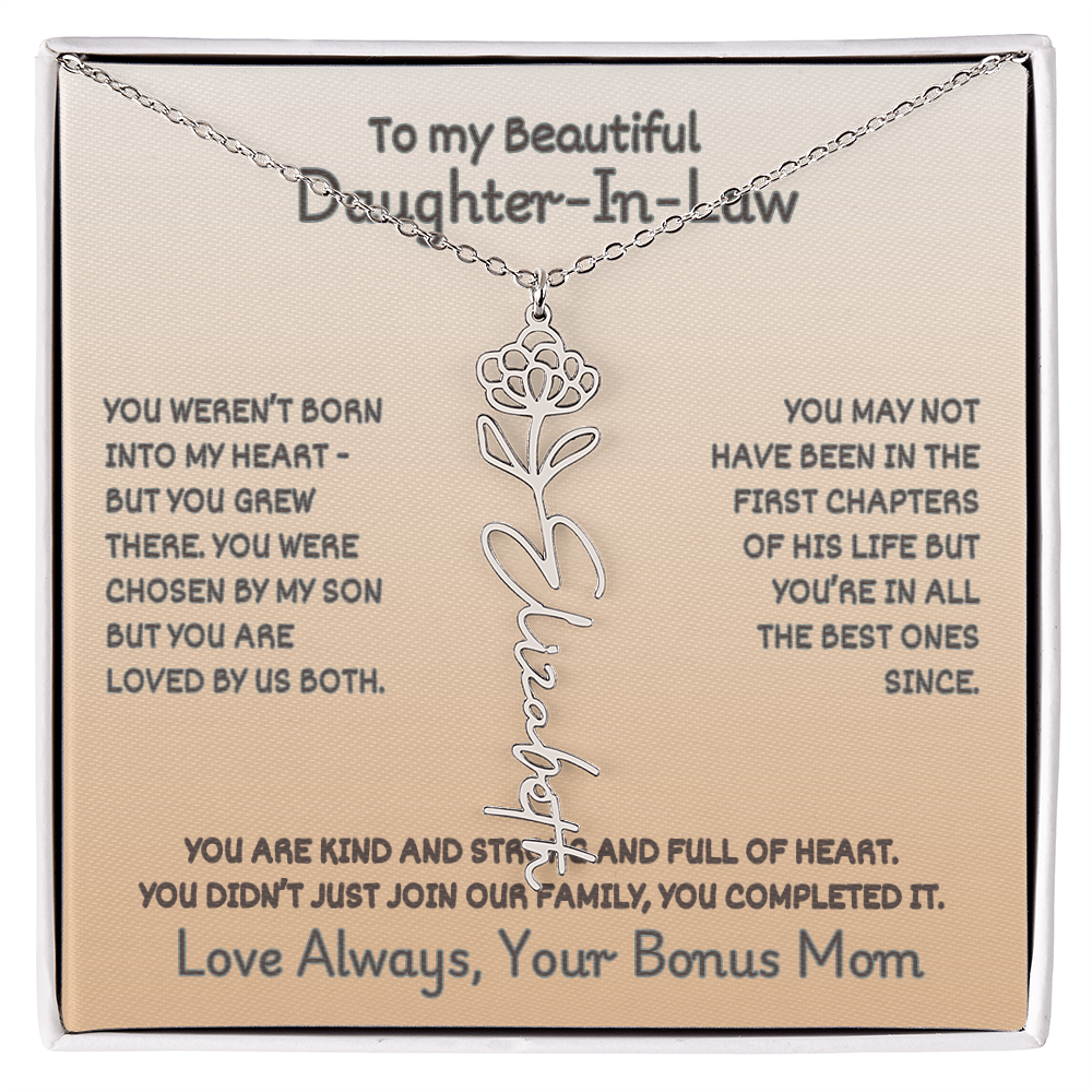 To Your Daughter-In-Law: Birth Flower Name Necklace with a Heartfelt Message