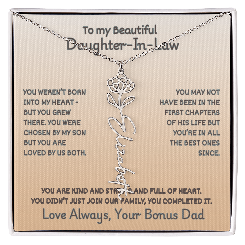 Daughter-In-Law Custom Birth Flower Name Necklace from Bonus Dad