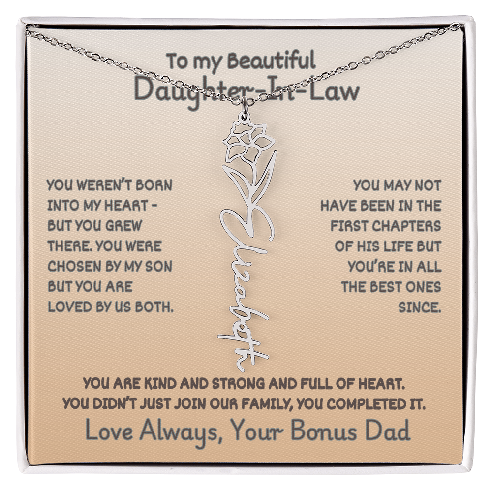 Daughter-In-Law Custom Birth Flower Name Necklace from Bonus Dad