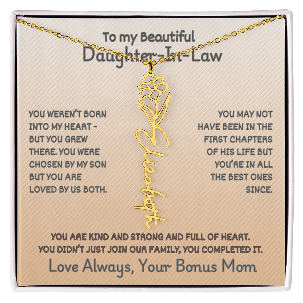 To Your Daughter-In-Law: Birth Flower Name Necklace with a Heartfelt Message