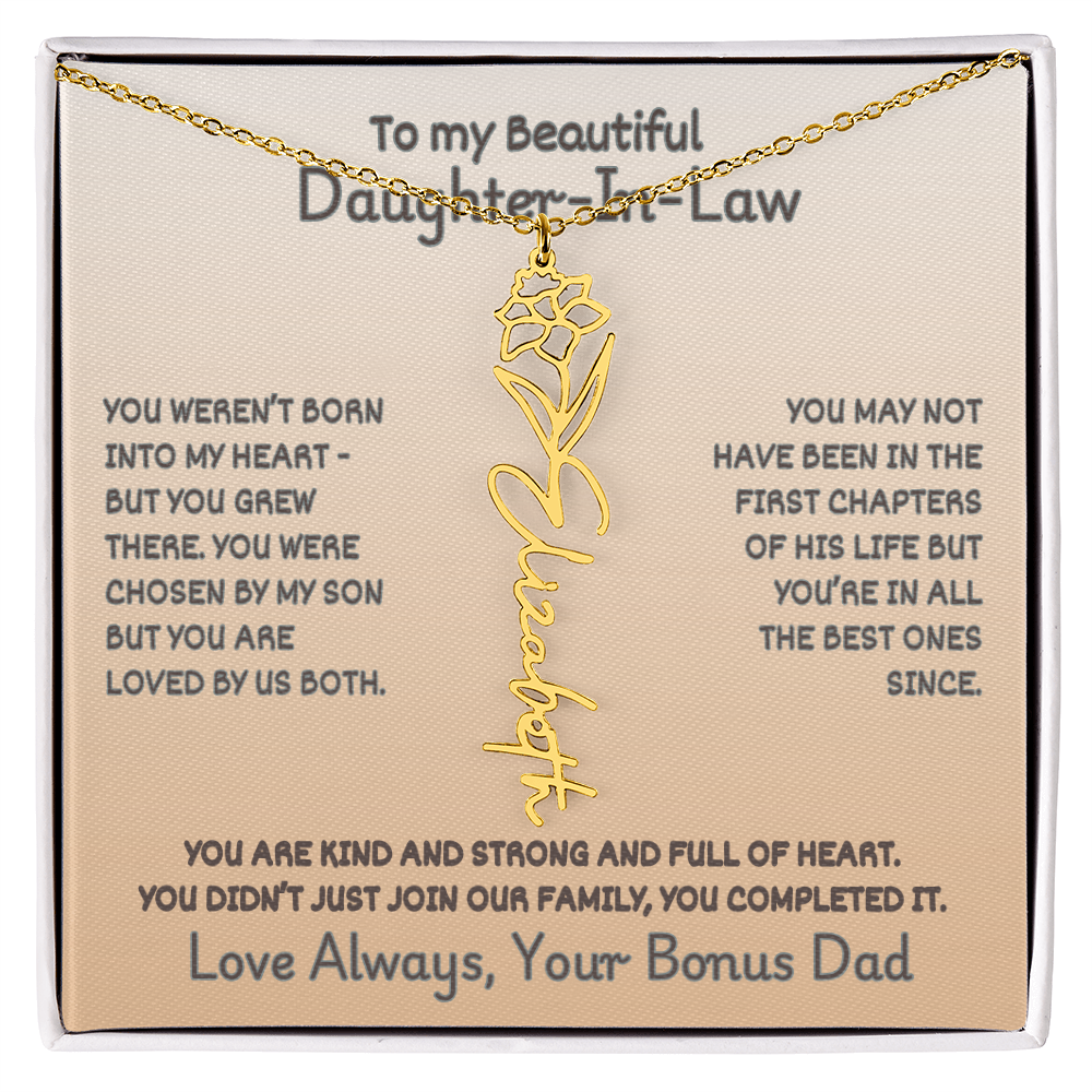 Daughter-In-Law Custom Birth Flower Name Necklace from Bonus Dad