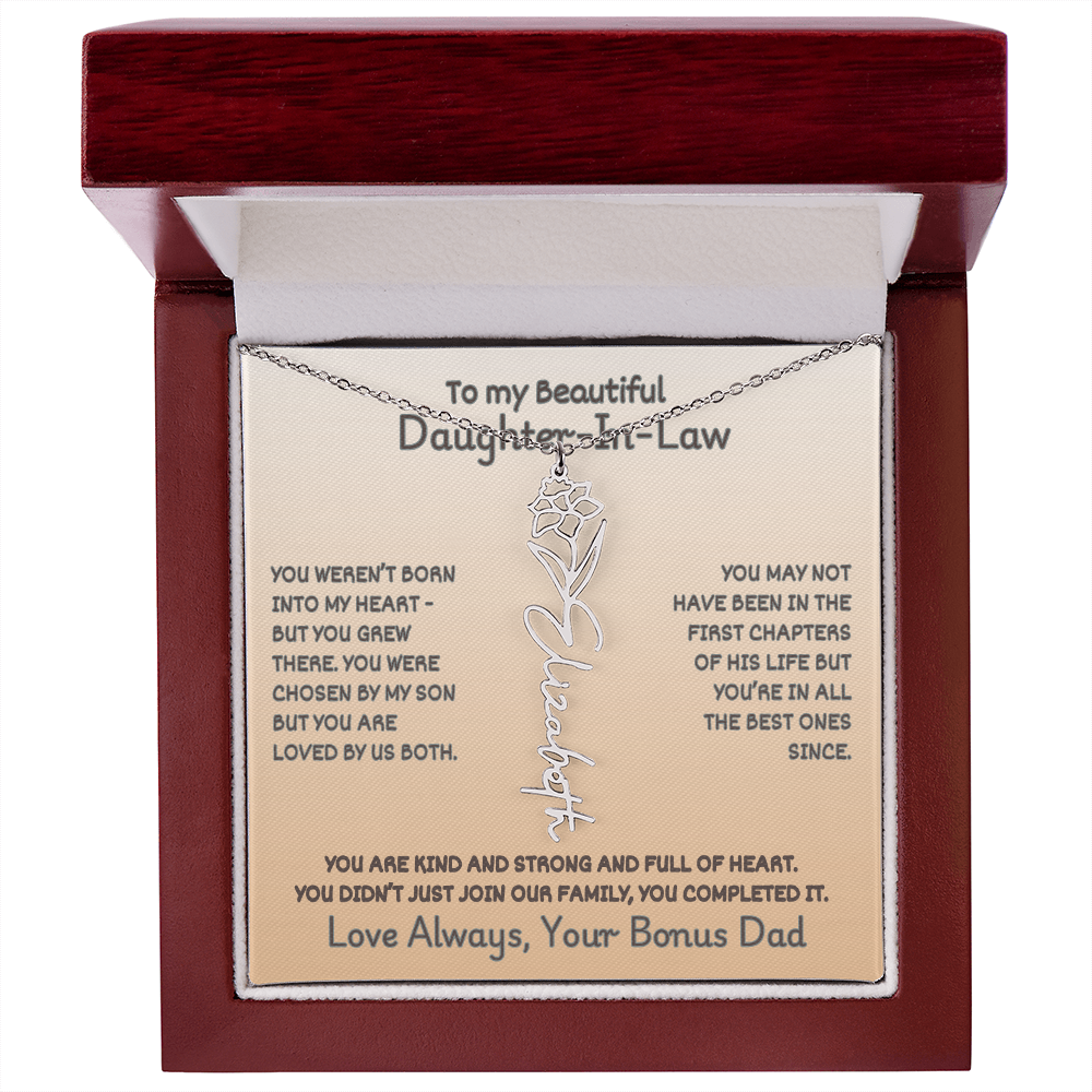 Daughter-In-Law Custom Birth Flower Name Necklace from Bonus Dad