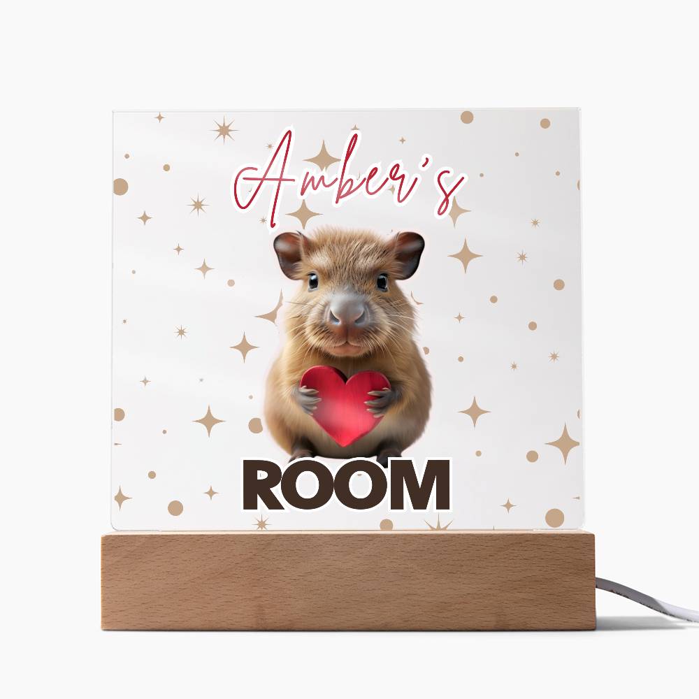 Personalized Baby Capybara LED Room Sign – Custom Name Acrylic Plaque with Wooden Base and multi-color light and display options