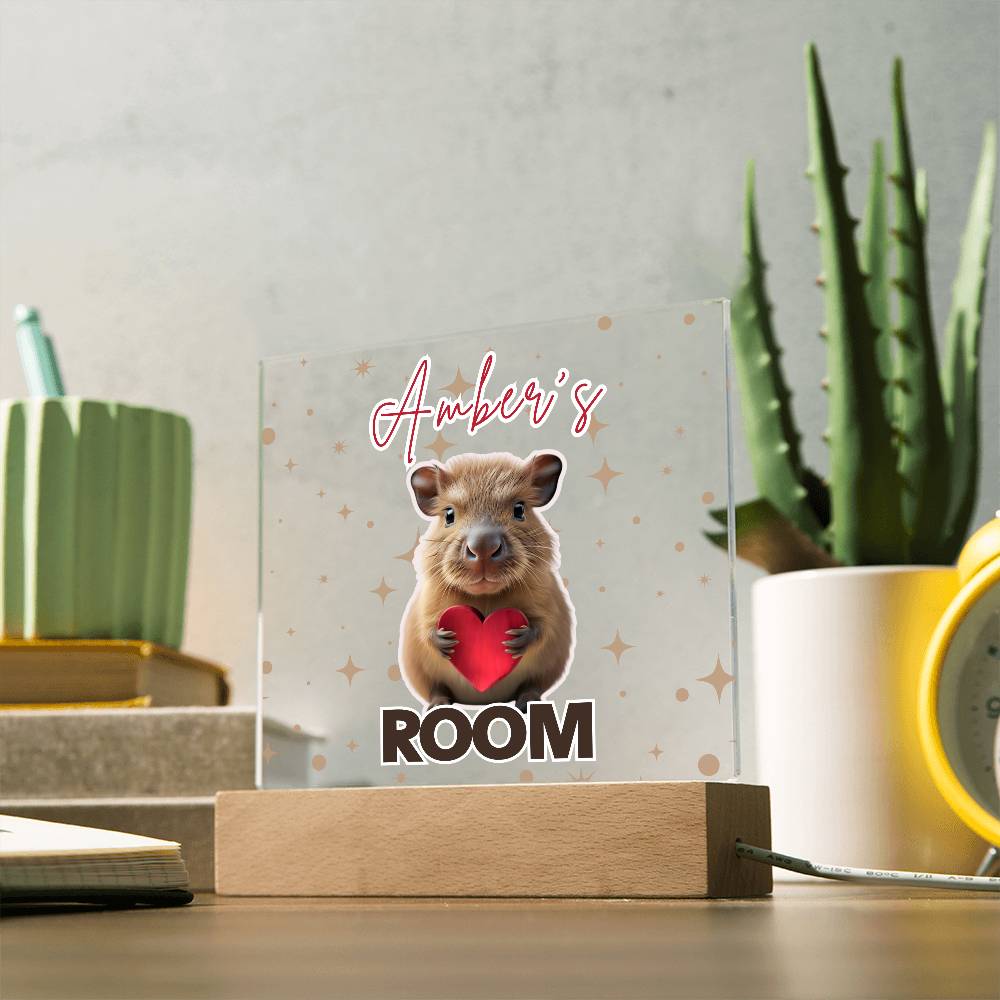 Personalized Baby Capybara LED Room Sign – Custom Name Acrylic Plaque with Wooden Base and multi-color light and display options